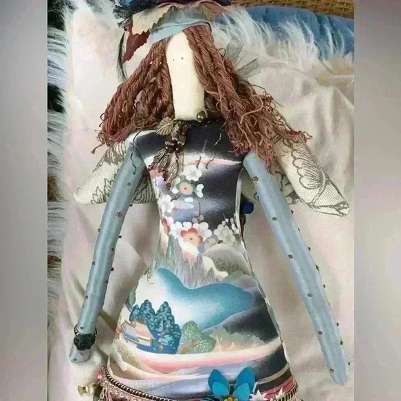 Primitive Christmas Angel Doll Handmade Decoration Folk Art Long Legs Patchwork - Picture 2 of 11